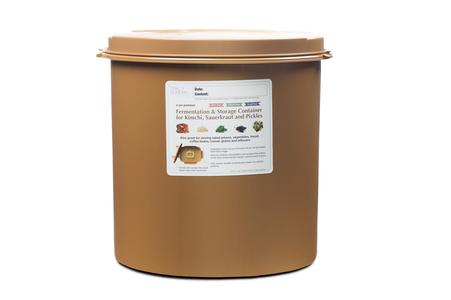 Crazy Korean Cooking  E-jen Premium Kimchi Fermentation & Storage Container, 5.8 Gal (22L), Round Sandy Brown