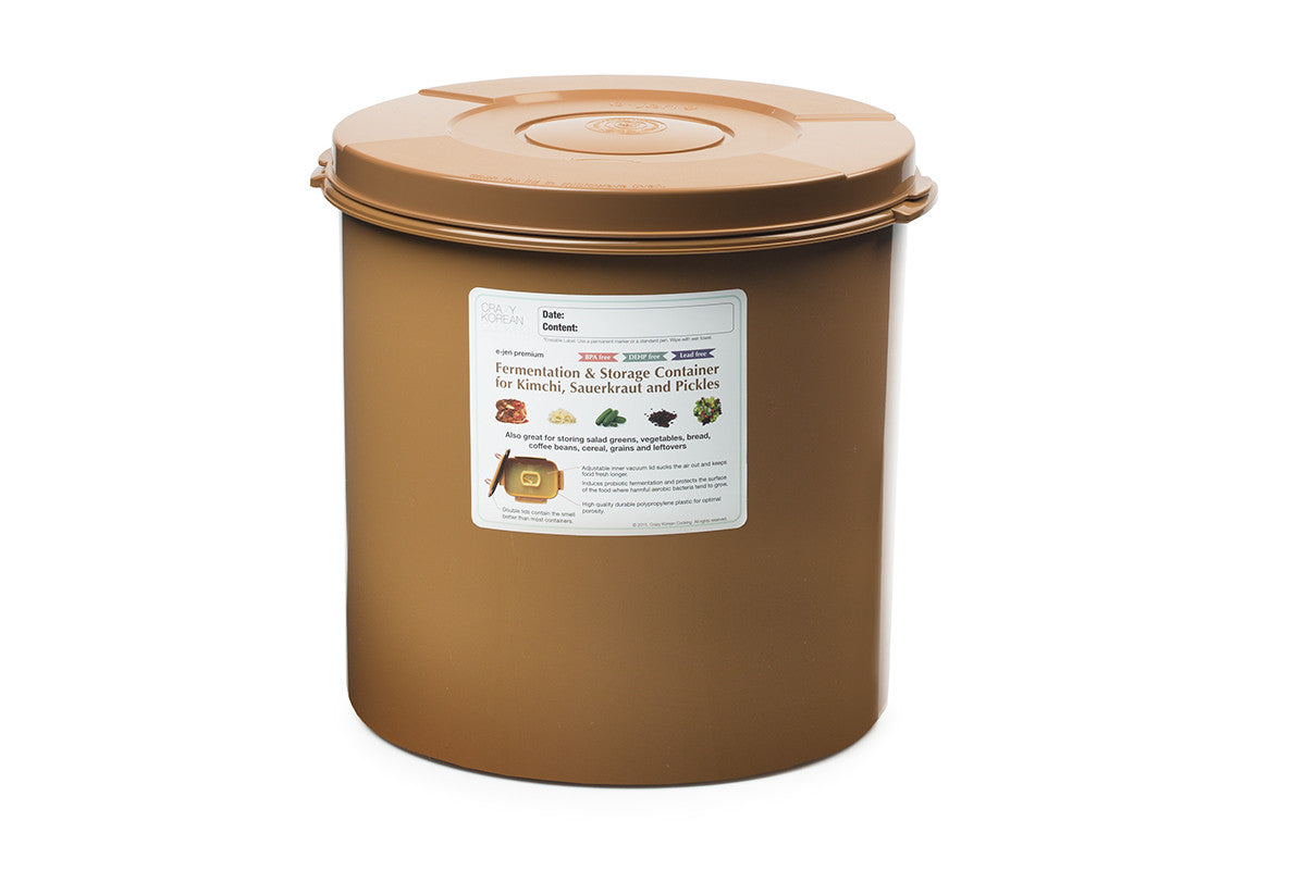 Crazy Korean Cooking  E-jen Premium Kimchi Fermentation & Storage Container, 5.8 Gal (22L), Round Sandy Brown