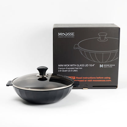MOOSSE Mini Wok with Lid, Premium Enameled Cast Iron 10.4” (26 cm)